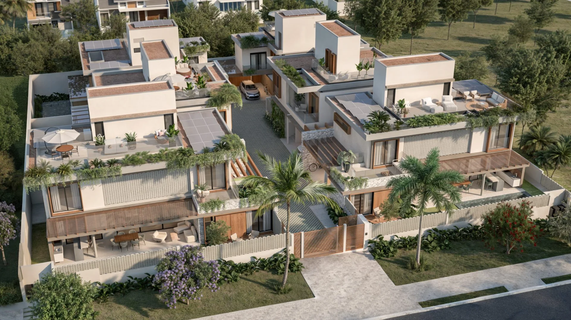 Vista aérea do conjunto BION: seis residências com piscinas, jardins e rooftops ao longo da rua privativa